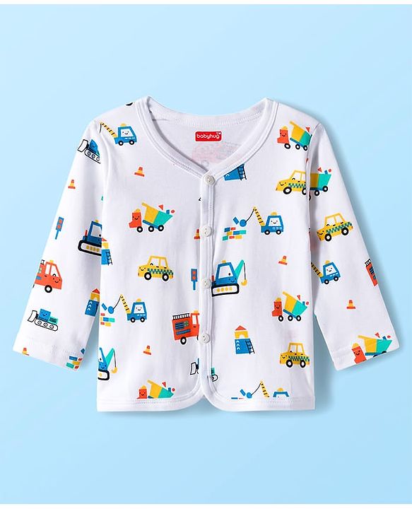 Babyhug 100% Cotton Interlock Knit Full Sleeves Jhablas With Stripes & Vehicle Print Pack Of 3 - Yellow & White