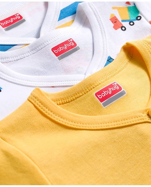 Babyhug 100% Cotton Interlock Knit Full Sleeves Jhablas With Stripes & Vehicle Print Pack Of 3 - Yellow & White