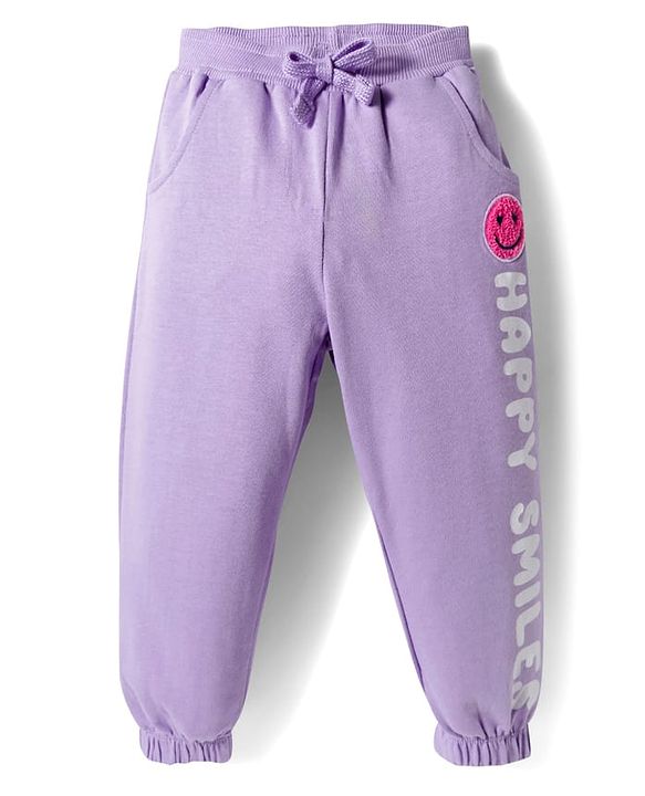 Babyhug Terry Knit Premium Light Gauge Terry Full Sleeves Top & Joggers Set with Just Happy Smiles Text Print - Lavender