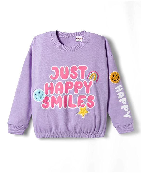 Babyhug Terry Knit Premium Light Gauge Terry Full Sleeves Top & Joggers Set with Just Happy Smiles Text Print - Lavender
