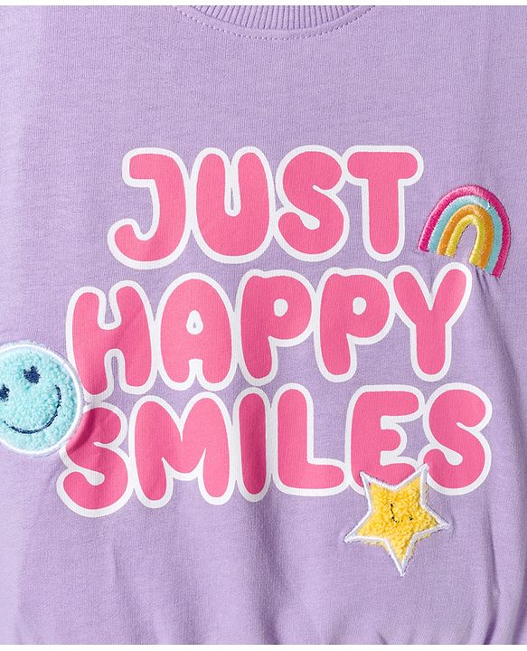 Babyhug Terry Knit Premium Light Gauge Terry Full Sleeves Top & Joggers Set with Just Happy Smiles Text Print - Lavender