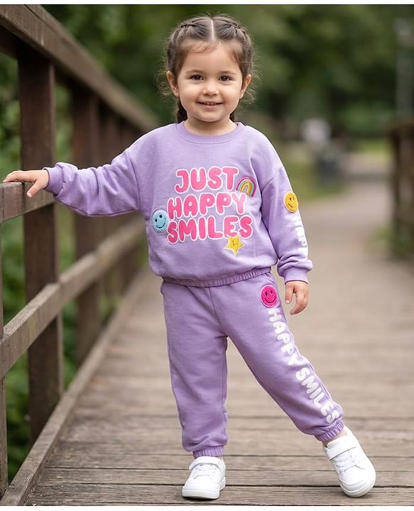 Babyhug Terry Knit Premium Light Gauge Terry Full Sleeves Top & Joggers Set with Just Happy Smiles Text Print - Lavender