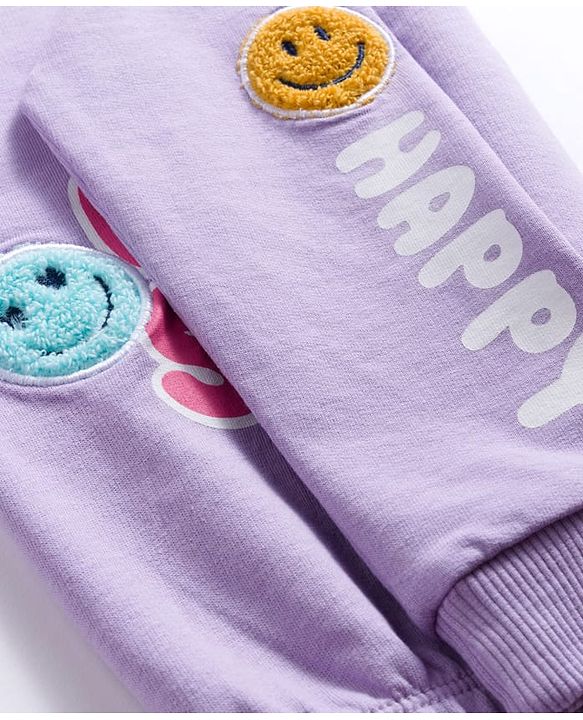 Babyhug Terry Knit Premium Light Gauge Terry Full Sleeves Top & Joggers Set with Just Happy Smiles Text Print - Lavender