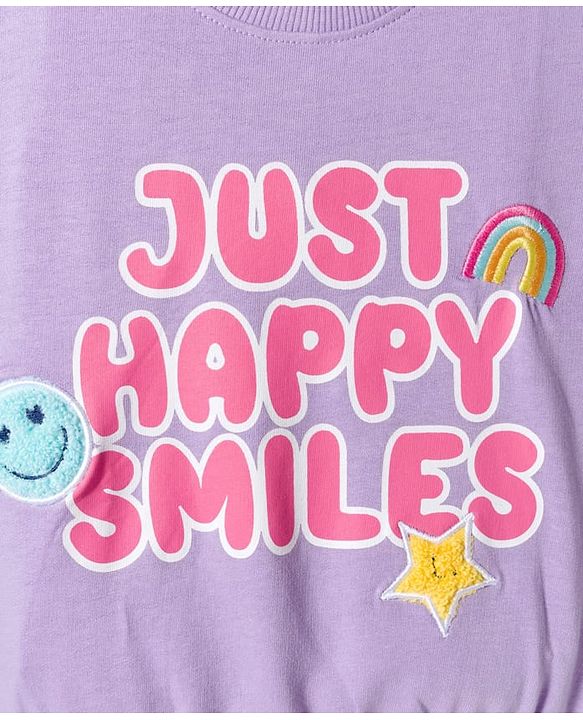 Babyhug Terry Knit Premium Light Gauge Terry Full Sleeves Top & Joggers Set with Just Happy Smiles Text Print - Lavender