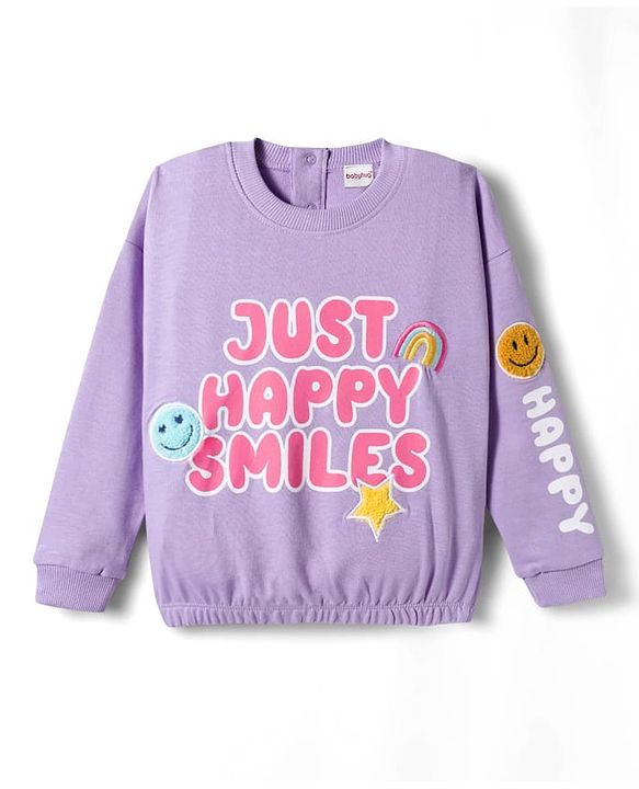 Babyhug Terry Knit Premium Light Gauge Terry Full Sleeves Top & Joggers Set with Just Happy Smiles Text Print - Lavender