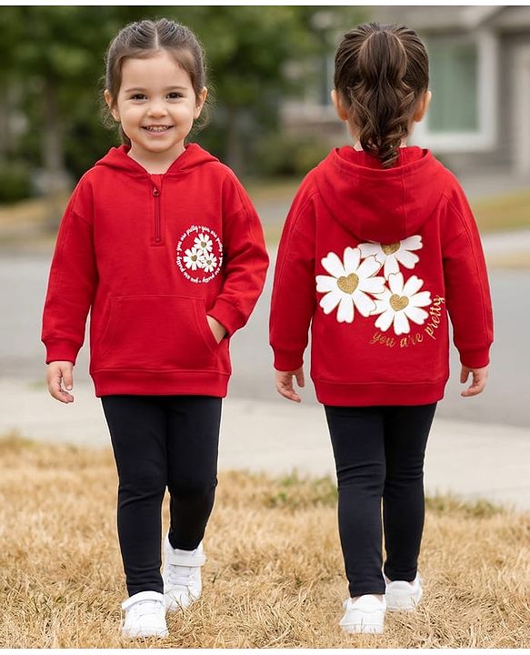 Babyhug Terry Knit Premium Light Gauge Terry Full Sleeves Hooded Top & Leggings Set with Kangaroo Pocket & Floral Print - Red & Black