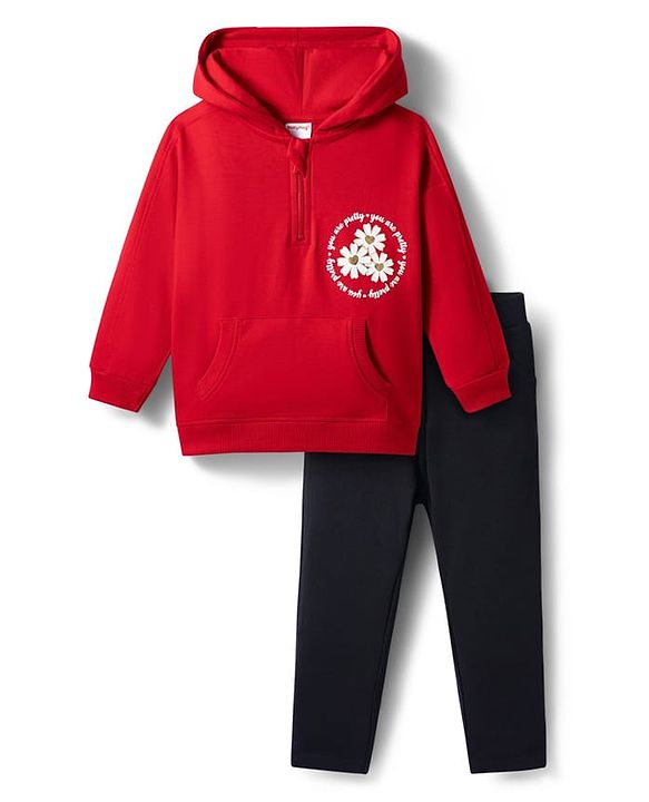 Babyhug Terry Knit Premium Light Gauge Terry Full Sleeves Hooded Top & Leggings Set with Kangaroo Pocket & Floral Print - Red & Black