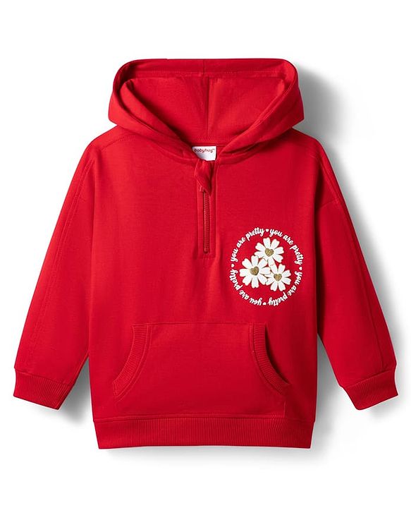 Babyhug Terry Knit Premium Light Gauge Terry Full Sleeves Hooded Top & Leggings Set with Kangaroo Pocket & Floral Print - Red & Black