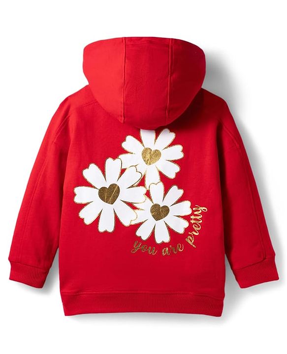 Babyhug Terry Knit Premium Light Gauge Terry Full Sleeves Hooded Top & Leggings Set with Kangaroo Pocket & Floral Print - Red & Black