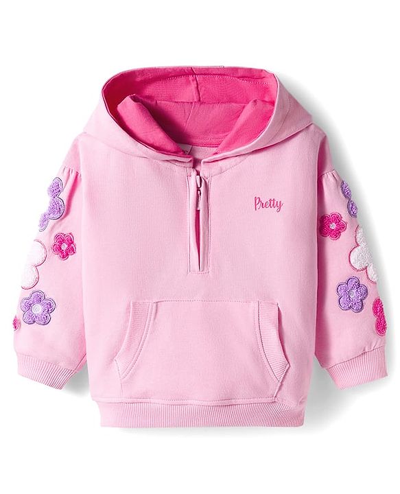 Babyhug Terry Knit Premium Light Gauge Terry Full Sleeves Hooded Top & Lounge Pant Set With Floral Embriodery - Pink