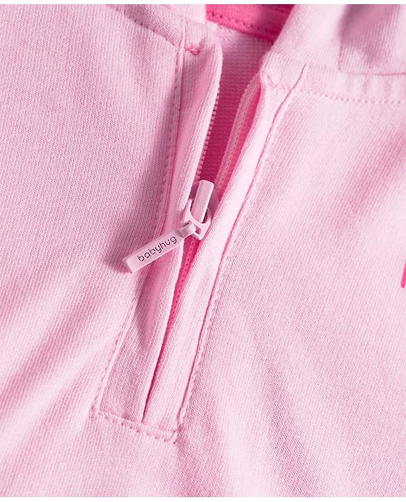 Babyhug Terry Knit Premium Light Gauge Terry Full Sleeves Hooded Top & Lounge Pant Set With Floral Embriodery - Pink