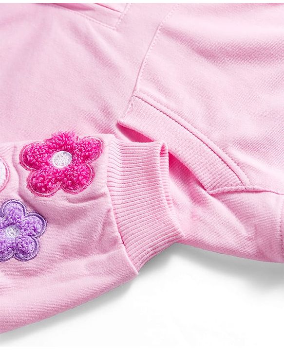 Babyhug Terry Knit Premium Light Gauge Terry Full Sleeves Hooded Top & Lounge Pant Set With Floral Embriodery - Pink