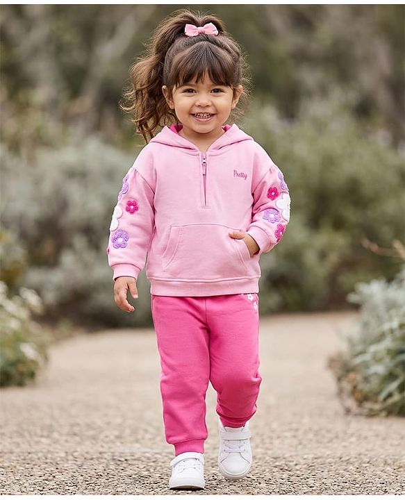 Babyhug Terry Knit Premium Light Gauge Terry Full Sleeves Hooded Top & Lounge Pant Set With Floral Embriodery - Pink