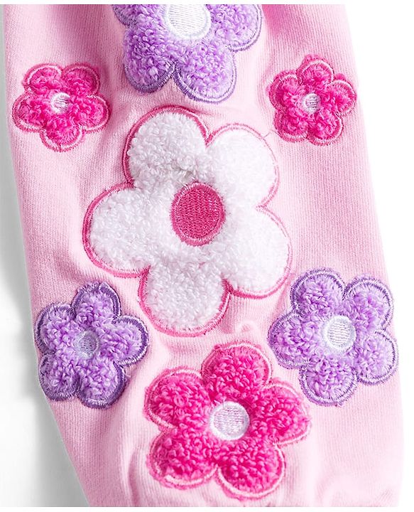 Babyhug Terry Knit Premium Light Gauge Terry Full Sleeves Hooded Top & Lounge Pant Set With Floral Embriodery - Pink