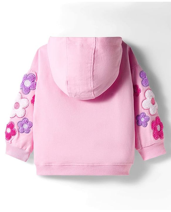 Babyhug Terry Knit Premium Light Gauge Terry Full Sleeves Hooded Top & Lounge Pant Set With Floral Embriodery - Pink