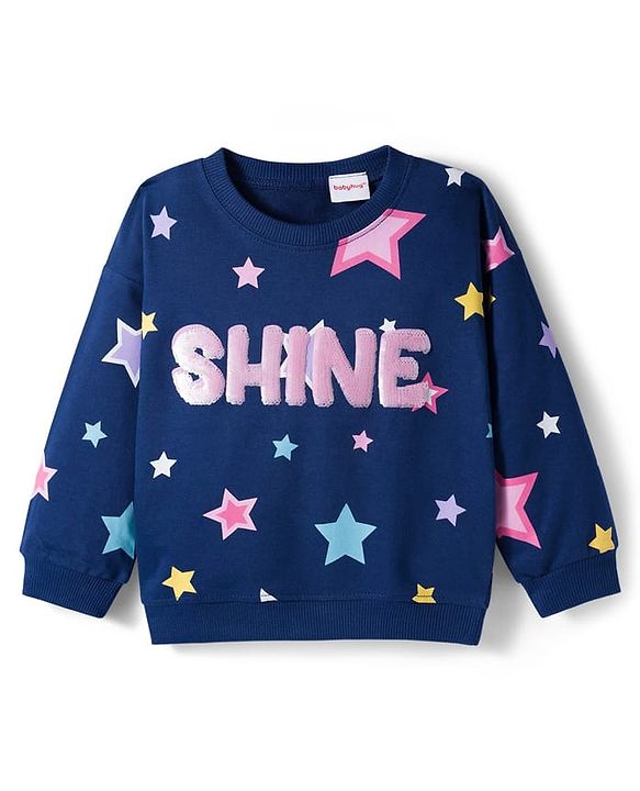 Babyhug Terry Knit Premium Light Gauge Terry Full Sleeves T-Shirt & Lounge Pant Set with Star Print & Reversible Sequin Detailing - Navy Blue