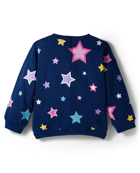 Babyhug Terry Knit Premium Light Gauge Terry Full Sleeves T-Shirt & Lounge Pant Set with Star Print & Reversible Sequin Detailing - Navy Blue