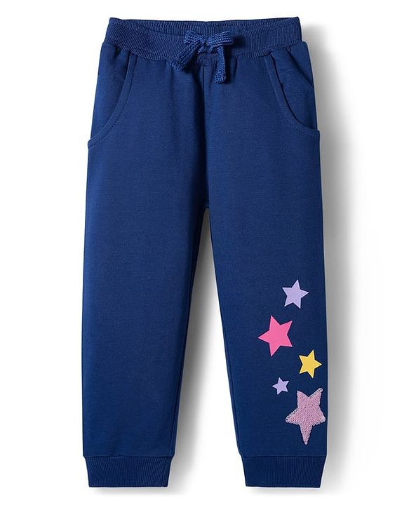 Babyhug Terry Knit Premium Light Gauge Terry Full Sleeves T-Shirt & Lounge Pant Set with Star Print & Reversible Sequin Detailing - Navy Blue