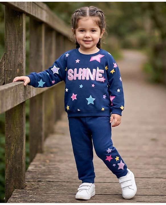 Babyhug Terry Knit Premium Light Gauge Terry Full Sleeves T-Shirt & Lounge Pant Set with Star Print & Reversible Sequin Detailing - Navy Blue