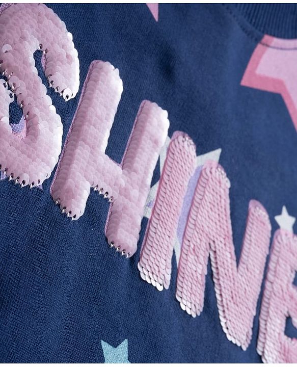 Babyhug Terry Knit Premium Light Gauge Terry Full Sleeves T-Shirt & Lounge Pant Set with Star Print & Reversible Sequin Detailing - Navy Blue