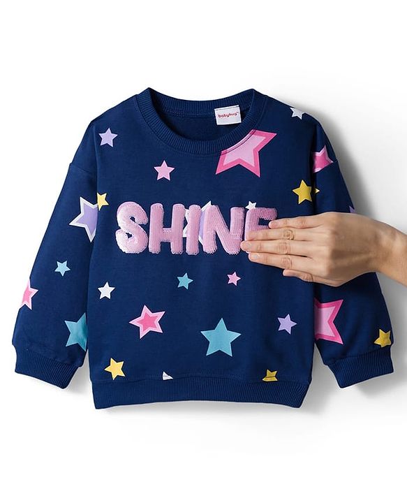 Babyhug Terry Knit Premium Light Gauge Terry Full Sleeves T-Shirt & Lounge Pant Set with Star Print & Reversible Sequin Detailing - Navy Blue