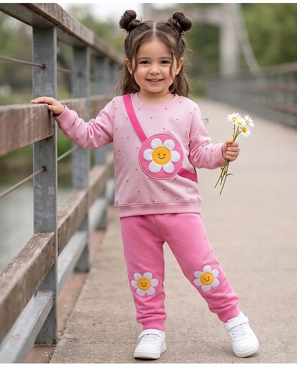 Babyhug Terry Knit Premium Light Gauge Terry Full Sleeves Top & Pant Set With Floral Print - Pink