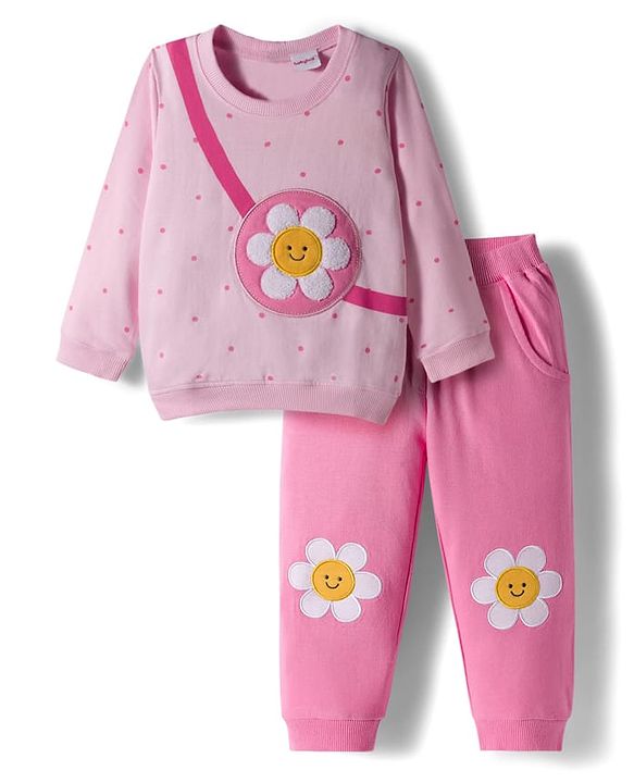 Babyhug Terry Knit Premium Light Gauge Terry Full Sleeves Top & Pant Set With Floral Print - Pink