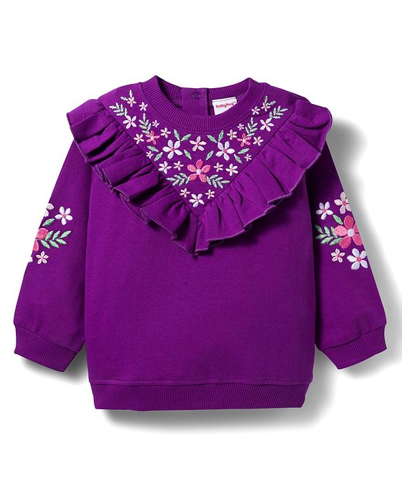 Babyhug Terry Knit Premium Light Gauge Terry Full Sleeves Top & Trouser Set with Floral Embroidery & Frill Detailing - Purple