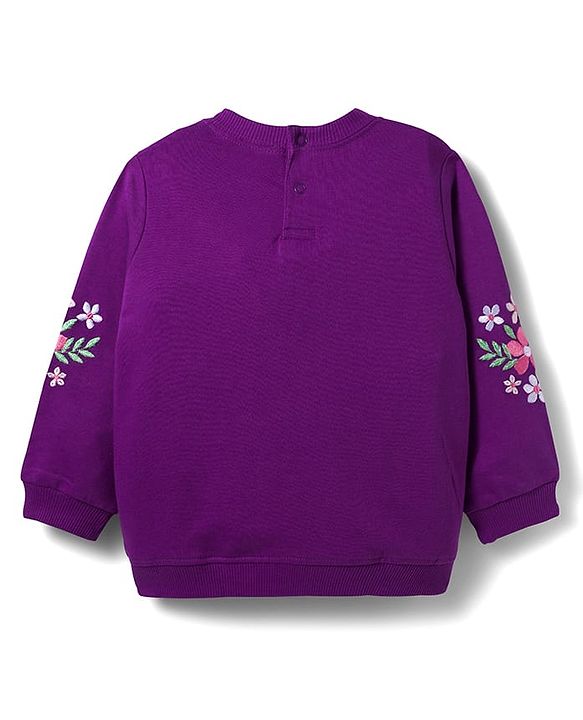Babyhug Terry Knit Premium Light Gauge Terry Full Sleeves Top & Trouser Set with Floral Embroidery & Frill Detailing - Purple