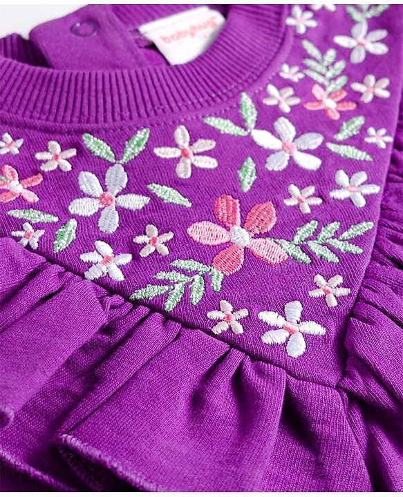 Babyhug Terry Knit Premium Light Gauge Terry Full Sleeves Top & Trouser Set with Floral Embroidery & Frill Detailing - Purple