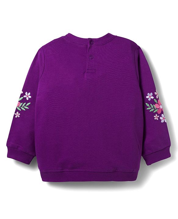 Babyhug Terry Knit Premium Light Gauge Terry Full Sleeves Top & Trouser Set with Floral Embroidery & Frill Detailing - Purple