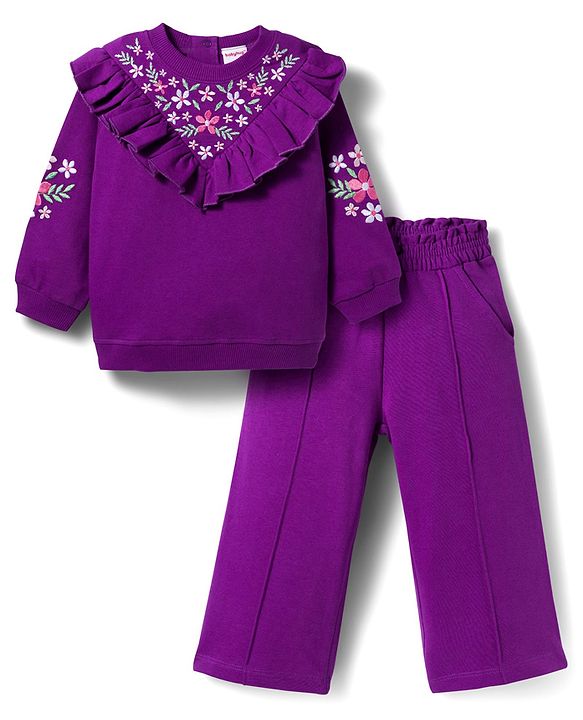 Babyhug Terry Knit Premium Light Gauge Terry Full Sleeves Top & Trouser Set with Floral Embroidery & Frill Detailing - Purple
