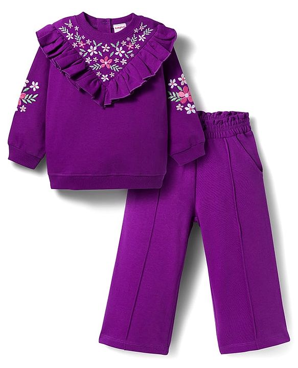 Babyhug Terry Knit Premium Light Gauge Terry Full Sleeves Top & Trouser Set with Floral Embroidery & Frill Detailing - Purple