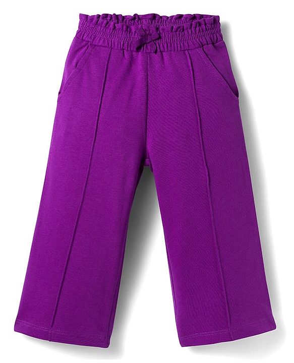 Babyhug Terry Knit Premium Light Gauge Terry Full Sleeves Top & Trouser Set with Floral Embroidery & Frill Detailing - Purple