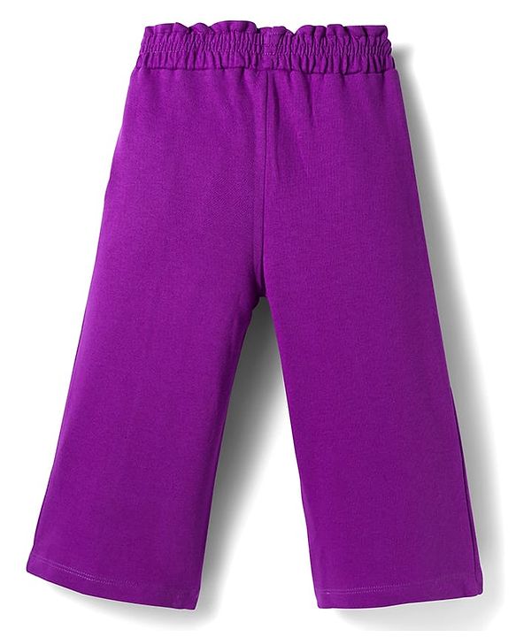 Babyhug Terry Knit Premium Light Gauge Terry Full Sleeves Top & Trouser Set with Floral Embroidery & Frill Detailing - Purple