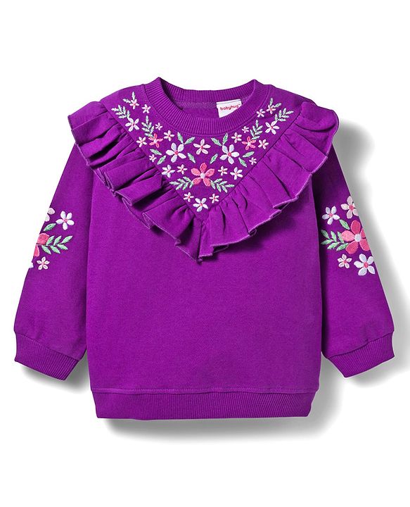 Babyhug Terry Knit Premium Light Gauge Terry Full Sleeves Top & Trouser Set with Floral Embroidery & Frill Detailing - Purple