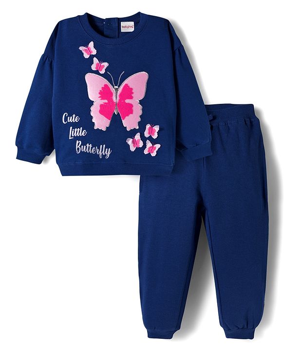 Babyhug Terry Knit Premium Light Gauge Terry Full Sleeves Top & Lounge Pant Set With Butterfly Print - Navy Blue