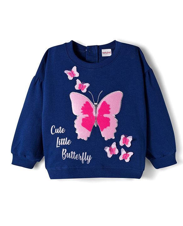 Babyhug Terry Knit Premium Light Gauge Terry Full Sleeves Top & Lounge Pant Set With Butterfly Print - Navy Blue