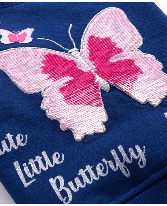 Babyhug Terry Knit Premium Light Gauge Terry Full Sleeves Top & Lounge Pant Set With Butterfly Print - Navy Blue
