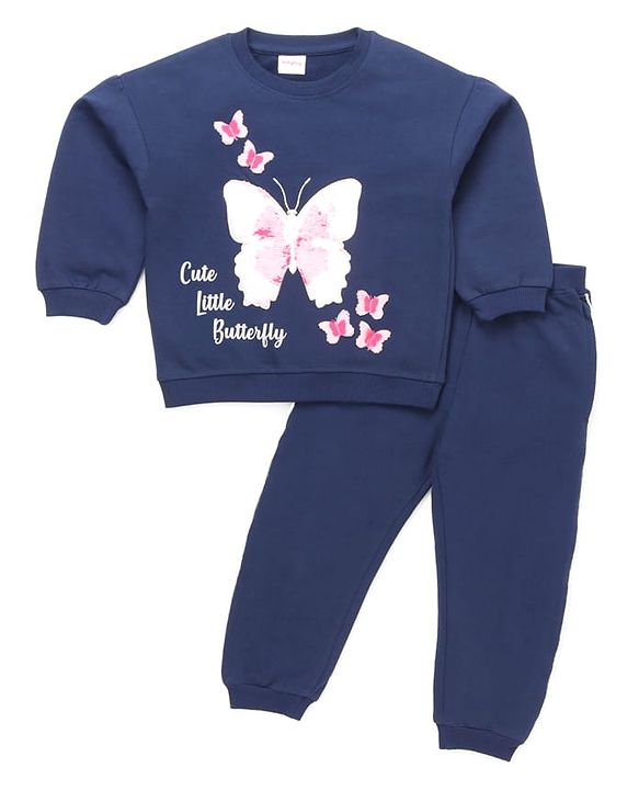 Babyhug Terry Knit Premium Light Gauge Terry Full Sleeves Top & Lounge Pant Set With Butterfly Print - Navy Blue