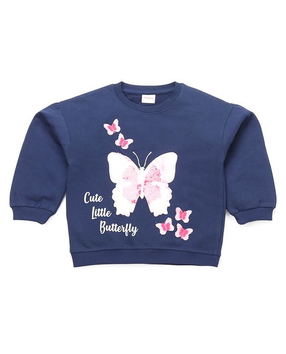 Babyhug Terry Knit Premium Light Gauge Terry Full Sleeves Top & Lounge Pant Set With Butterfly Print - Navy Blue
