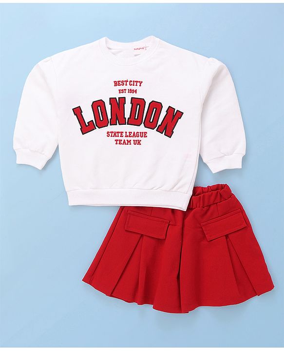 Babyhug Terry Knit Full Sleeves Top & Skort Set with Text Embroidery - Red & White