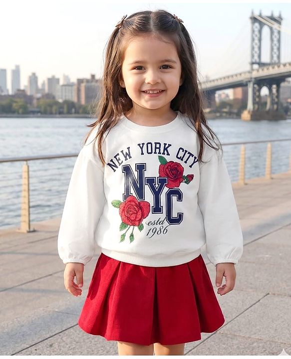Babyhug Terry Knit Full Sleeves Top & Skirt Set with Floral & Text Print - White & Red
