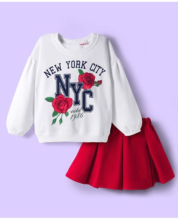 Babyhug Terry Knit Full Sleeves Top & Skirt Set with Floral & Text Print - White & Red