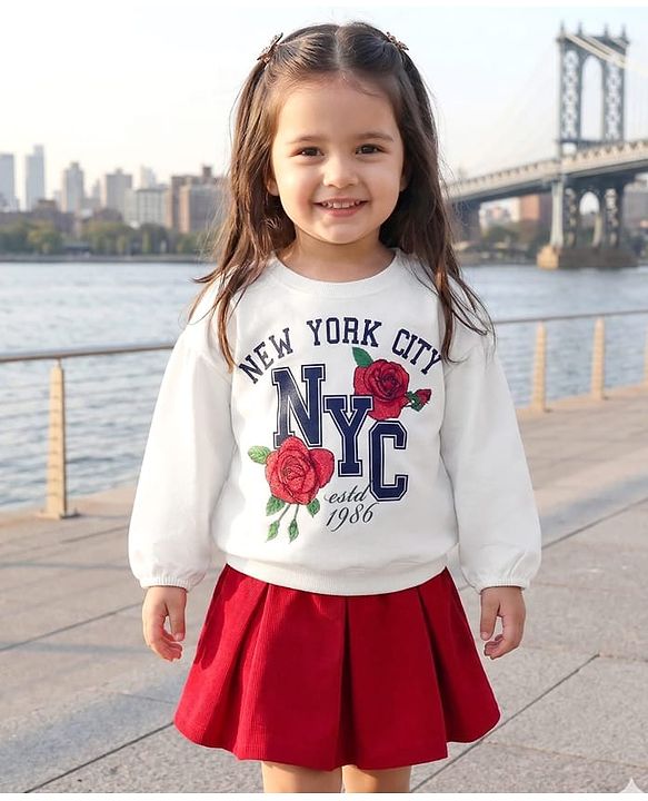 Babyhug Terry Knit Full Sleeves Top & Skirt Set with Floral & Text Print - White & Red