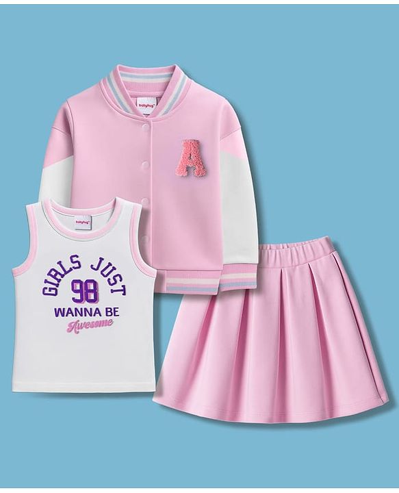 Babyhug Terry Knit Full Sleeves Jacket and Top With Pleated Skirt & Just Girl Things Text Print - Pink & White