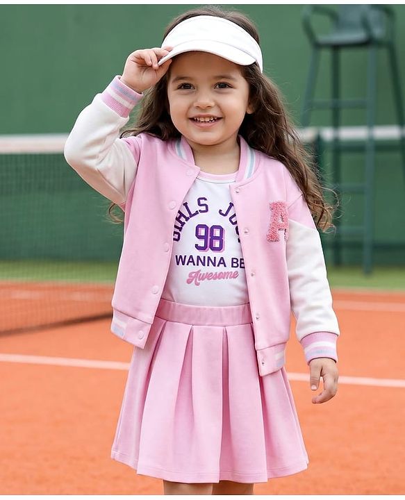 Babyhug Terry Knit Full Sleeves Jacket and Top With Pleated Skirt & Just Girl Things Text Print - Pink & White