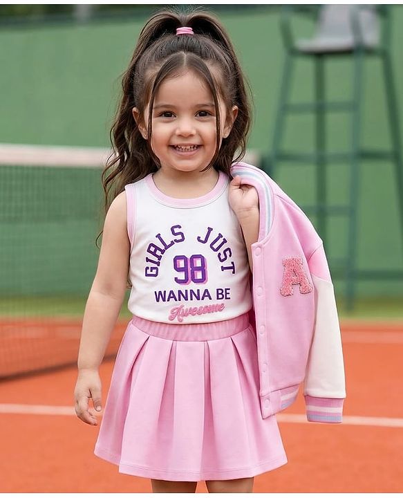 Babyhug Terry Knit Full Sleeves Jacket and Top With Pleated Skirt & Just Girl Things Text Print - Pink & White