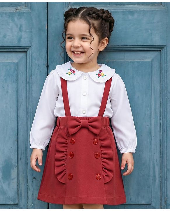 Babyhug Single Jersey Knit Full Sleeves Top & Skirt Set With Floral Embriodery - White & Brown