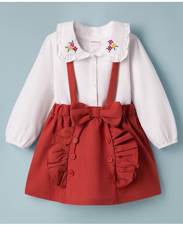 Babyhug Single Jersey Knit Full Sleeves Top & Skirt Set With Floral Embriodery - White & Brown